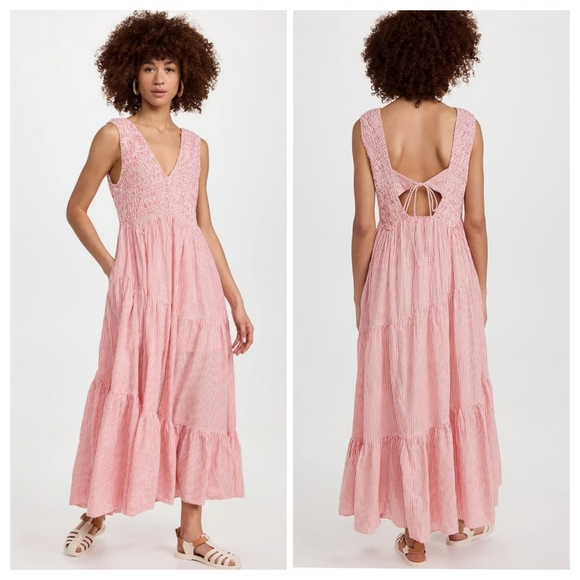 Free People Dresses & Skirts - Free People Juno Smocked Tiered Maxi Dress in Peach/Pink stripped
